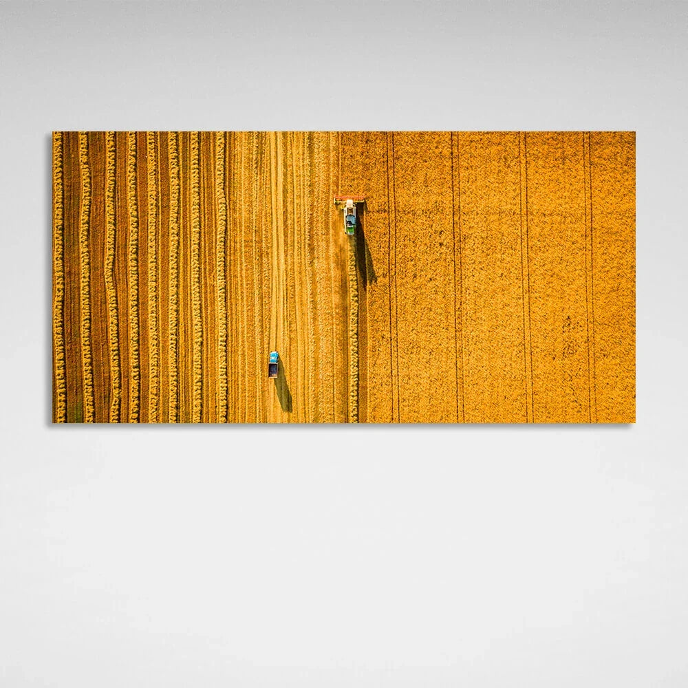 Combine machine in grain field from above Canvas Wall Art Print