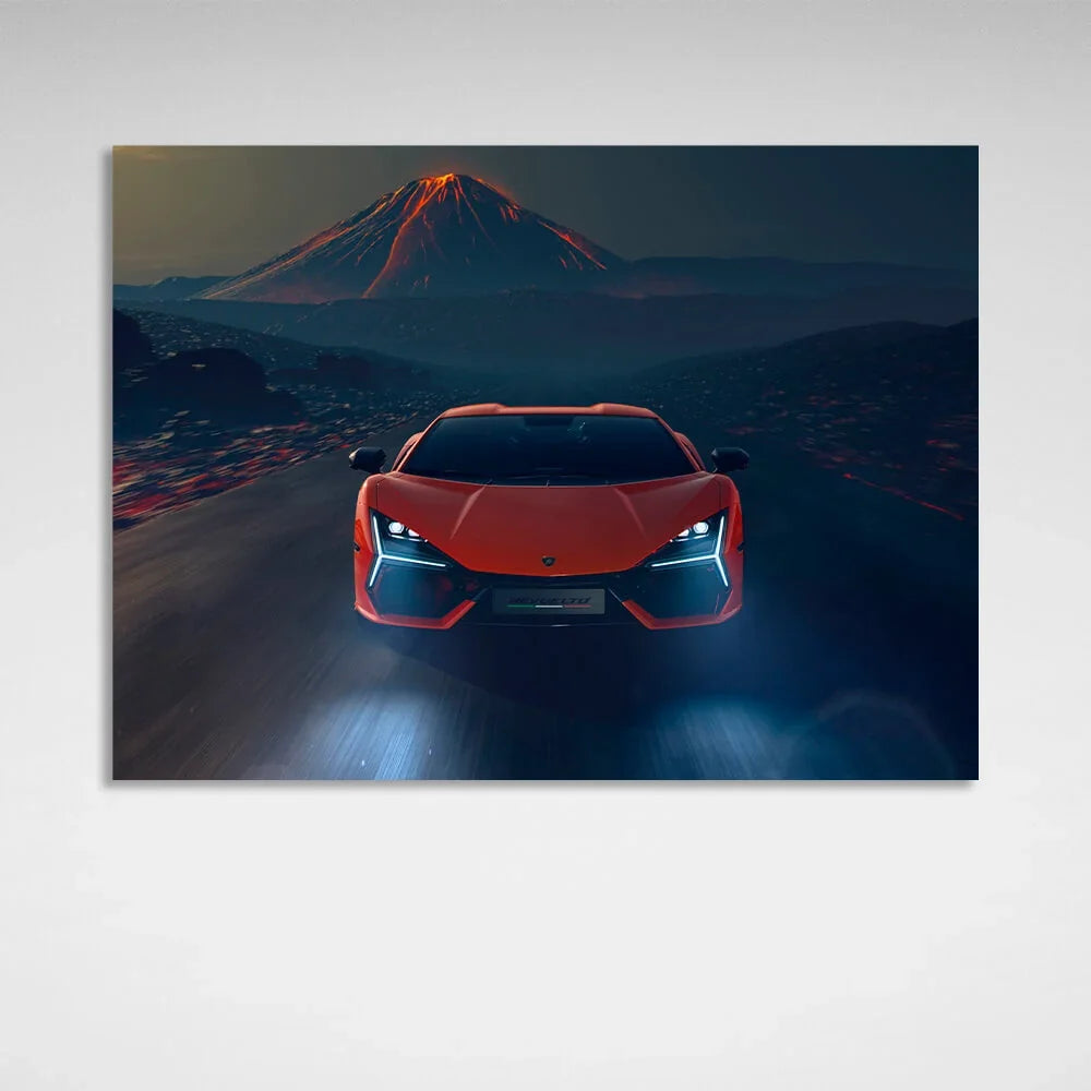 Car orange Lamborghini with a volcano in the background  Canvas Wall Art Print