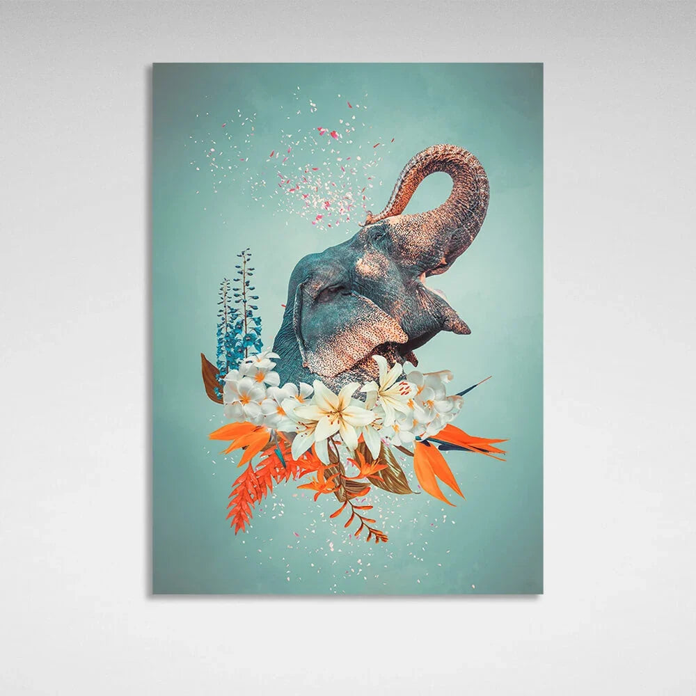 Elephant head in flowers on turquoise background Canvas Wall Art Print