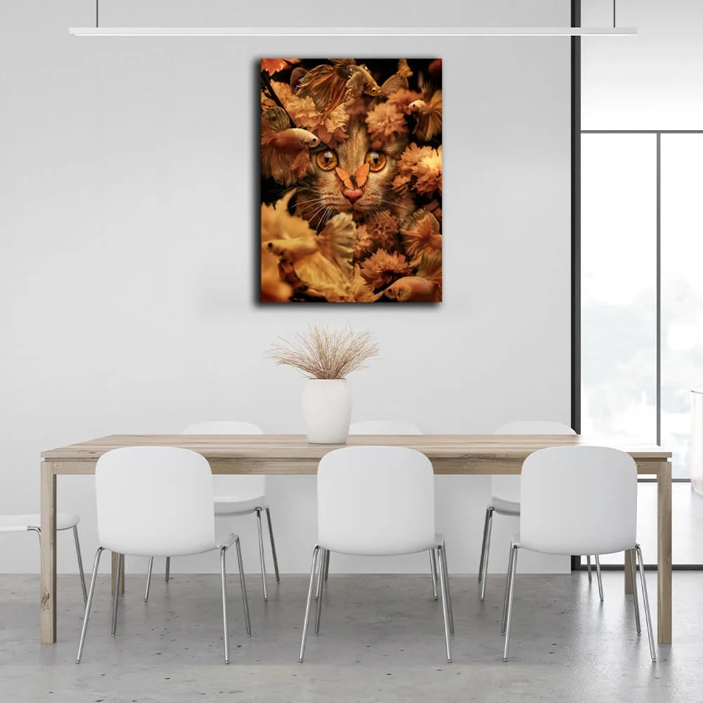 For home Red cat, flowers and fish Canvas Wall Art Print