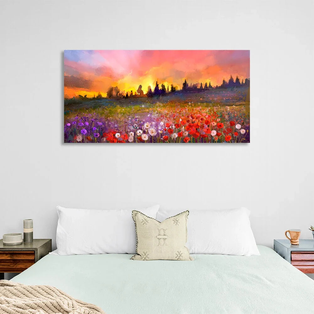 For home Evening field of flowers poppy, dandelion, violet Canvas Wall Art Print