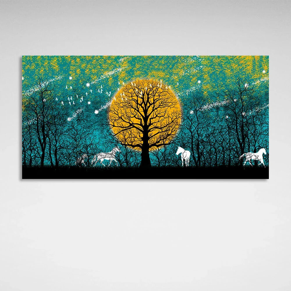 For home Forest, horses and birds Canvas Wall Art Print