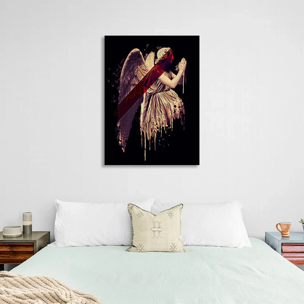 Gold angel with red detail on black background background Canvas Wall Art Print