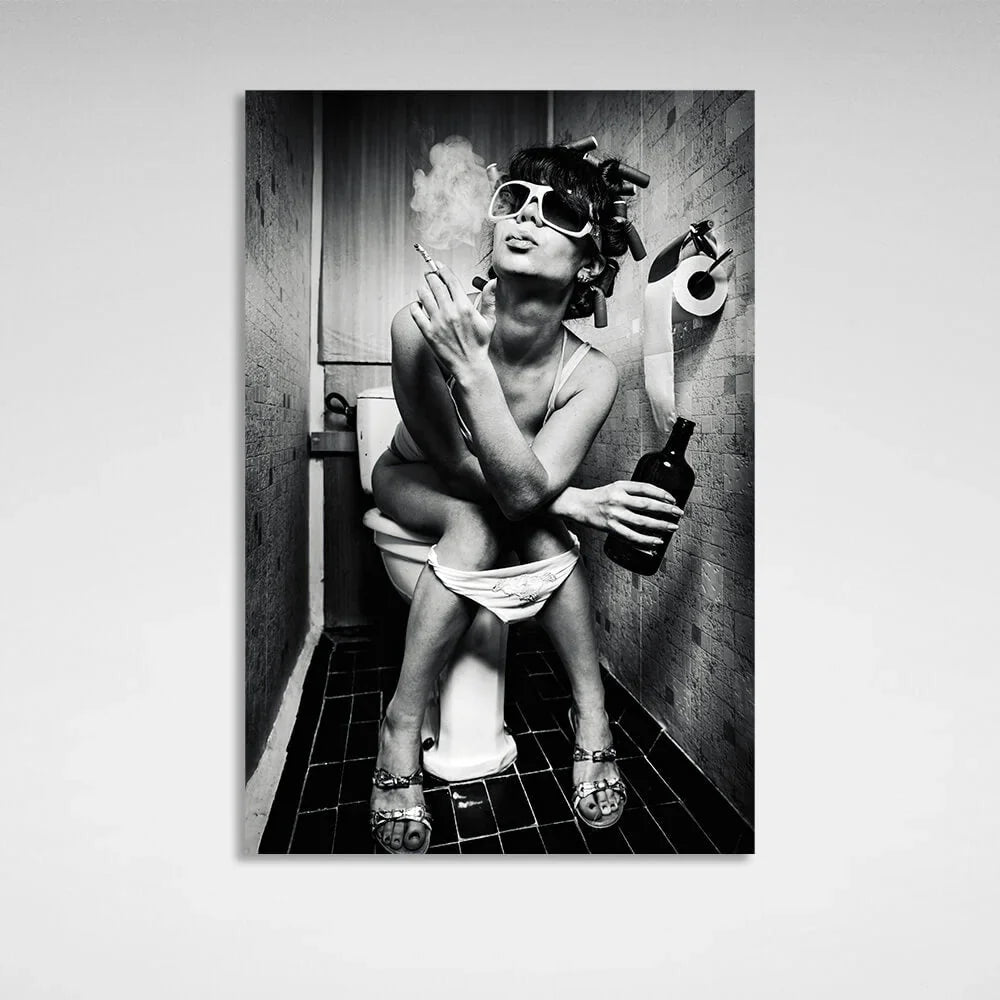 Girl in the restroom black and white canvas Wall Art Print