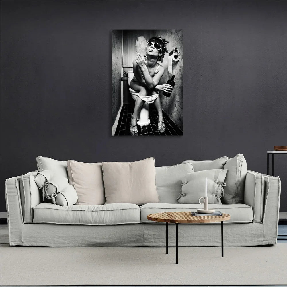 Girl in the restroom black and white canvas Wall Art Print