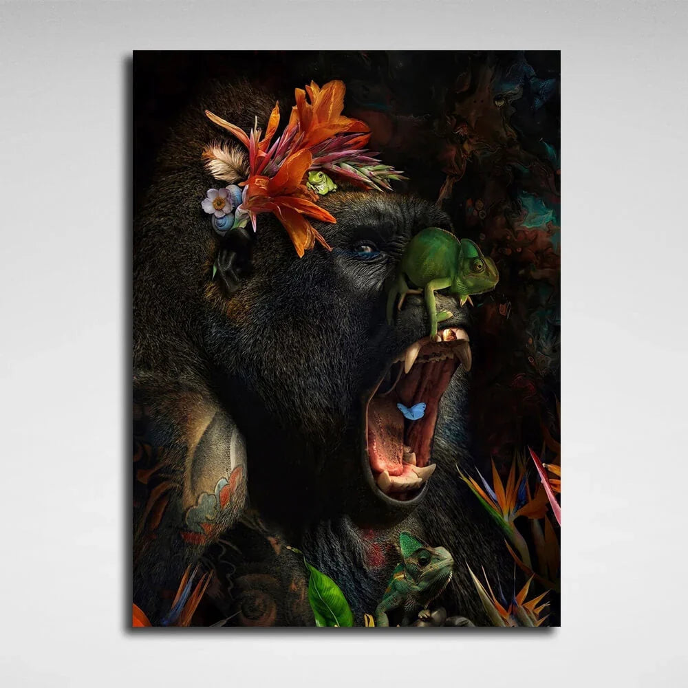 Gorilla and flowers Canvas Wall Art Print
