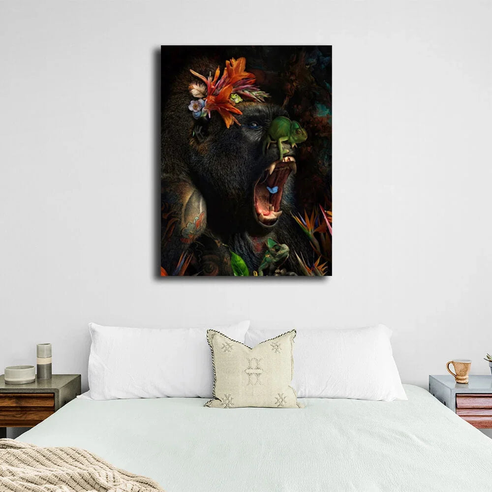 Gorilla and flowers Canvas Wall Art Print