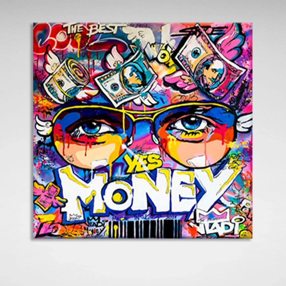 Graffiti that says Yes Money Inspirational Canvas Wall Art Print