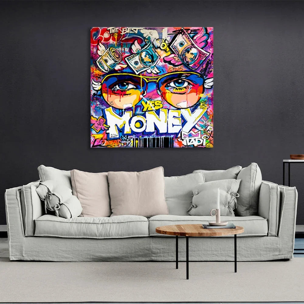 Graffiti that says Yes Money Inspirational Canvas Wall Art Print