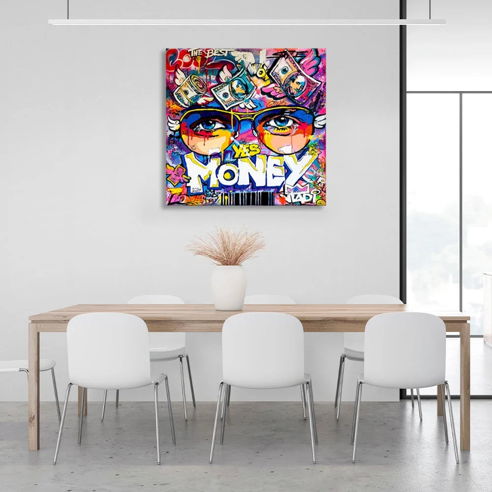 Graffiti that says Yes Money Inspirational Canvas Wall Art Print