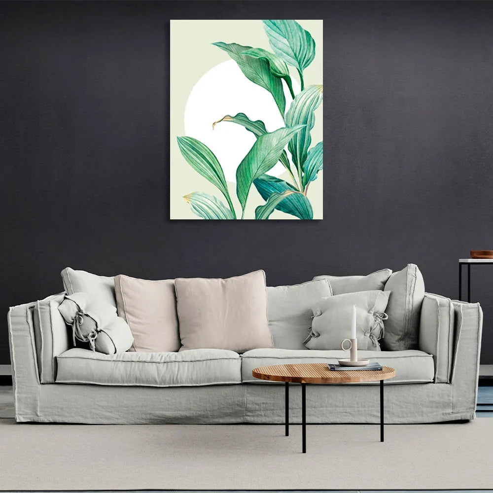 Green leaves on a lettuce background with a white circle Canvas Wall Art Print