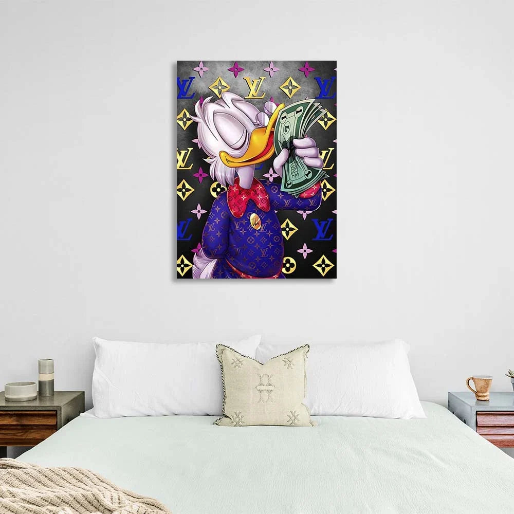 Inspirational Canvas Wall Art Print Scrooge with a bundle of dollars on gray background Chanel