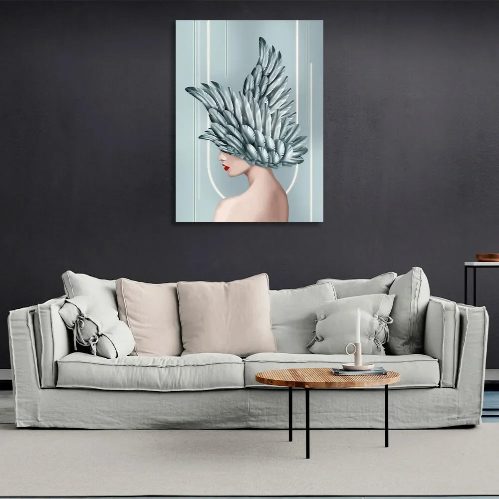 Interior Girl with silver feathers Canvas Wall Art Print
