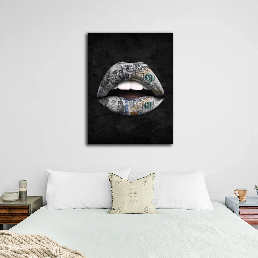 Lips black dollar Canvas Wall Art Print