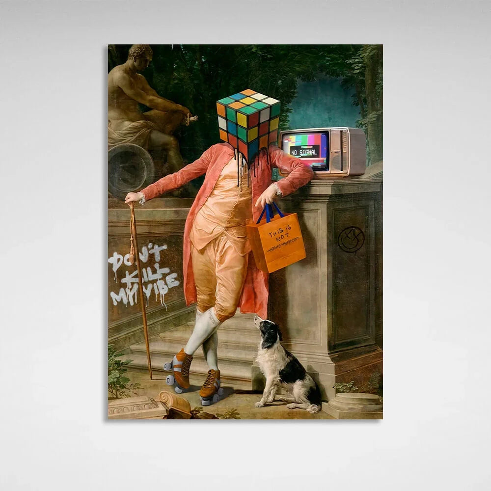 Man head Rubik's cube in the background of the statue Canvas Wall Art Print