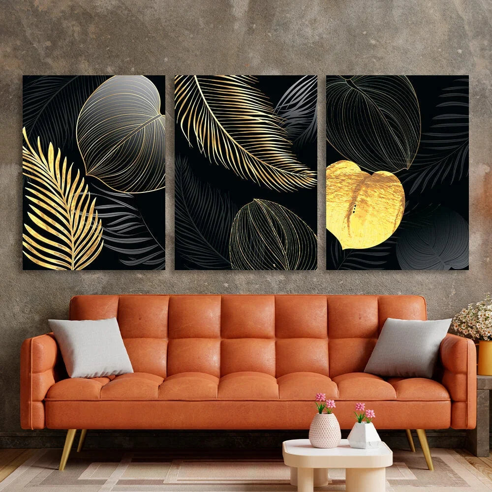 Modular black and gold petals Multi Panel Canvas Wall Art Print