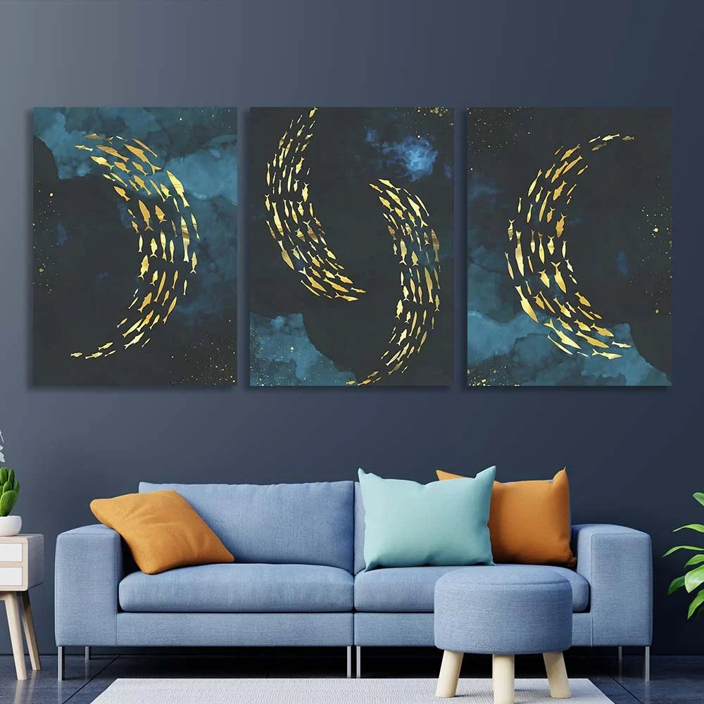 Multi Panel Canvas Wall Art Print Golden fish on a blue background