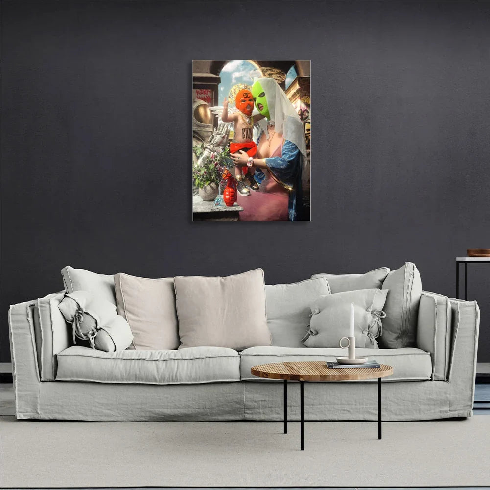 Painting on canvas interior girl and angel in balaclavas Canvas Wall Art Print