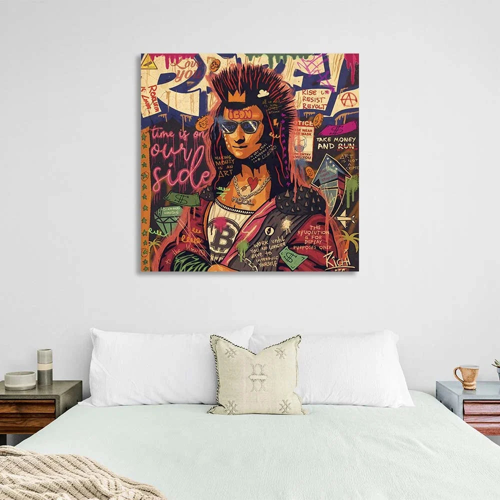 Pop art Gioconda with a Mohawk and bitcoin Canvas Wall Art Print