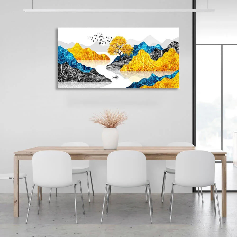 Rocks with a small tree and a small boat in the sea in blue yellow and black colors Canvas Wall Art Print