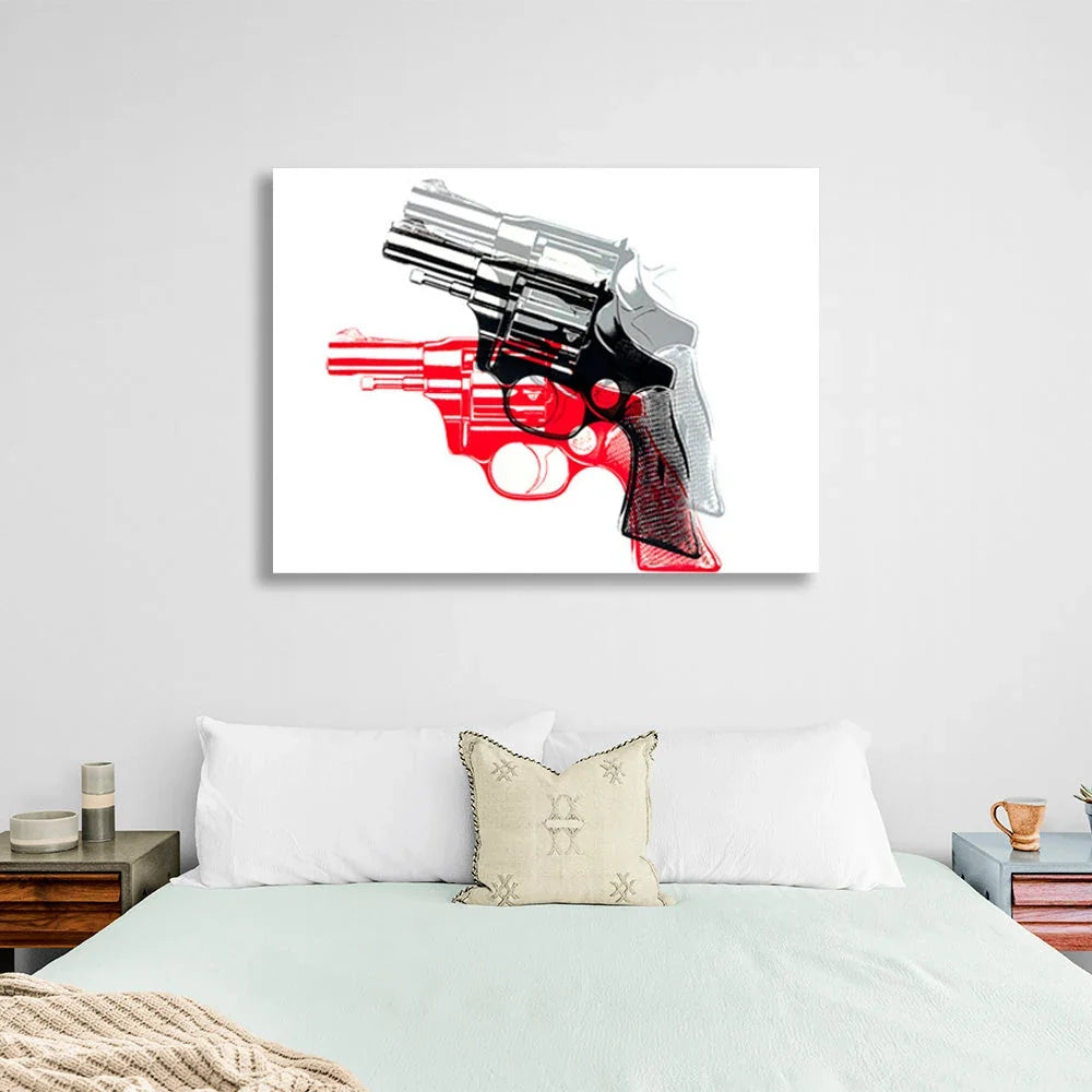 Revolver with red and gray shadow on white background Canvas Wall Art Print