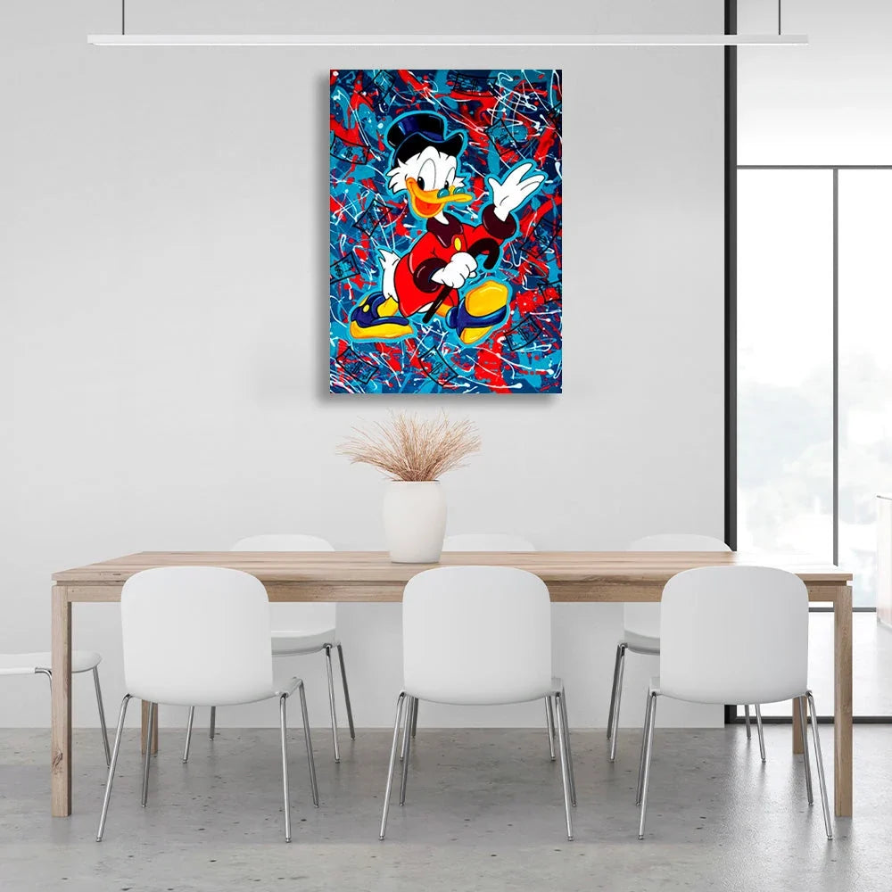 Scrooge on a red and blue background Inspirational Canvas Wall Art Print