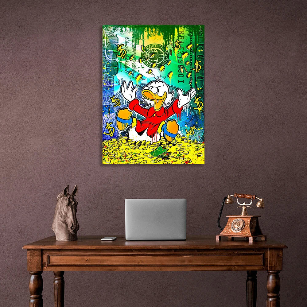 Scrooge, 100 dollars and dimes Inspirational Canvas Wall Art Print