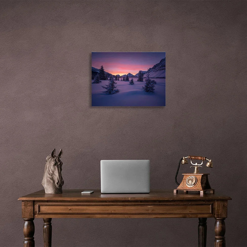 Snow, Christmas trees and mountains at night Canvas Wall Art Print