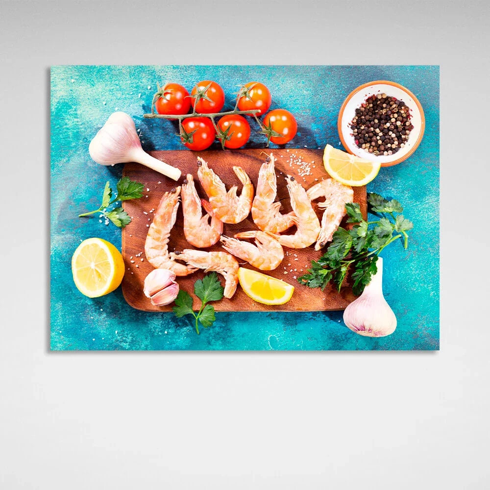 Shrimp, garlic, tomatoes. Canvas Wall Art Print For Kitchen