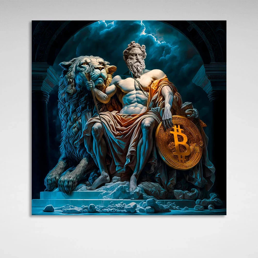 Statues of Zeus and a lion with bitcoin Inspirational Canvas Wall Art Print