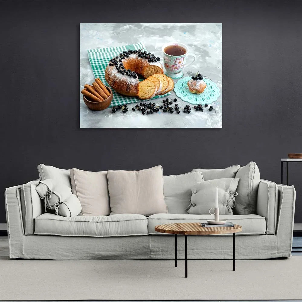 Tea, cinnamon and blackcurrant muffin Canvas Wall Art Print For Kitchen