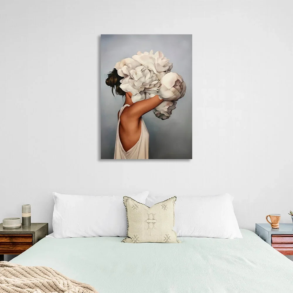 The girl with white flowers on her head is gray Canvas Wall Art Print