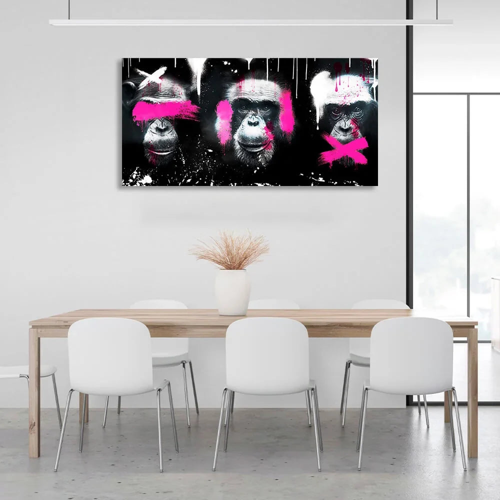Three monkeys on black background, white and pink colors Canvas Wall Art Print