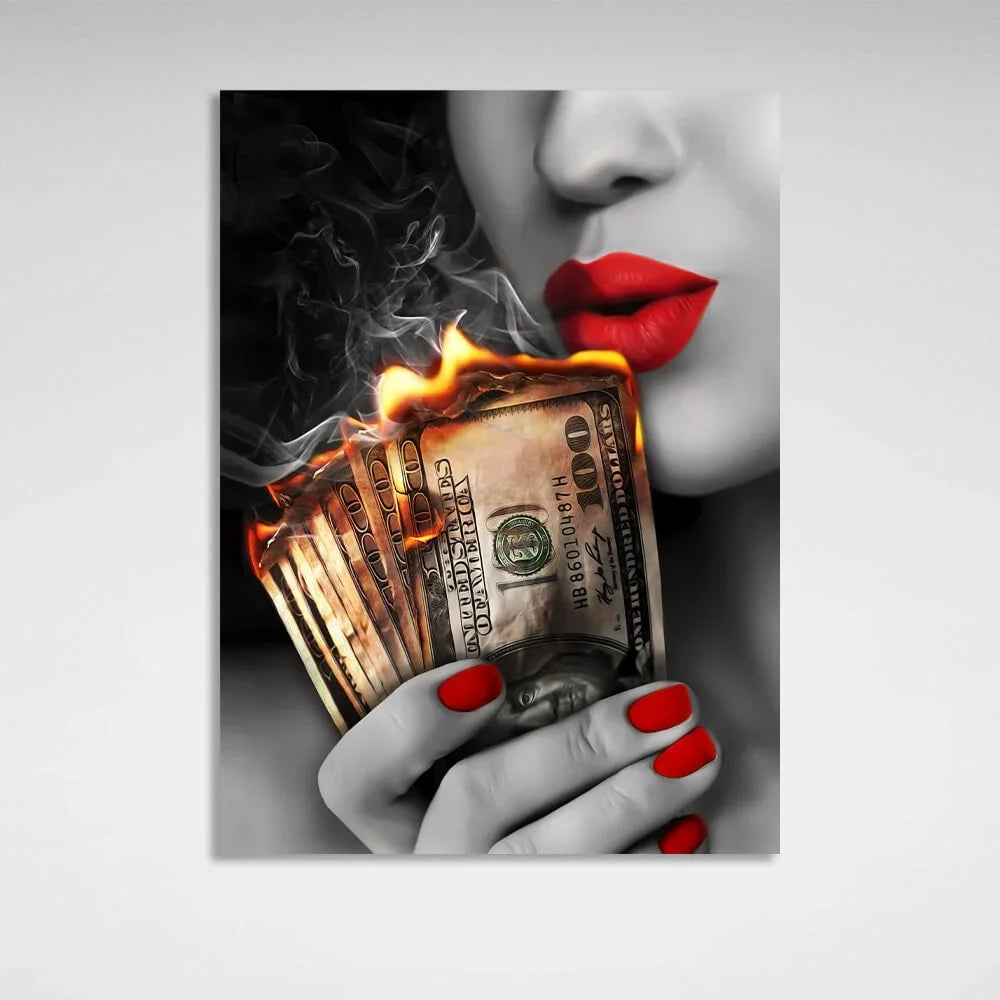 The woman with the burning dollars in her hand Inspirational Canvas Wall Art Print