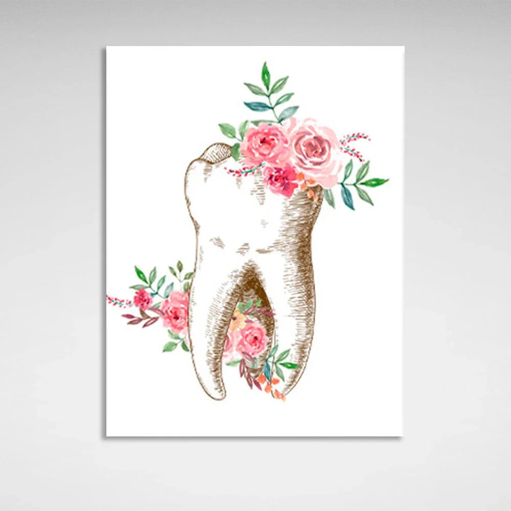 Tooth with flowers on a white background Canvas Wall Art Print