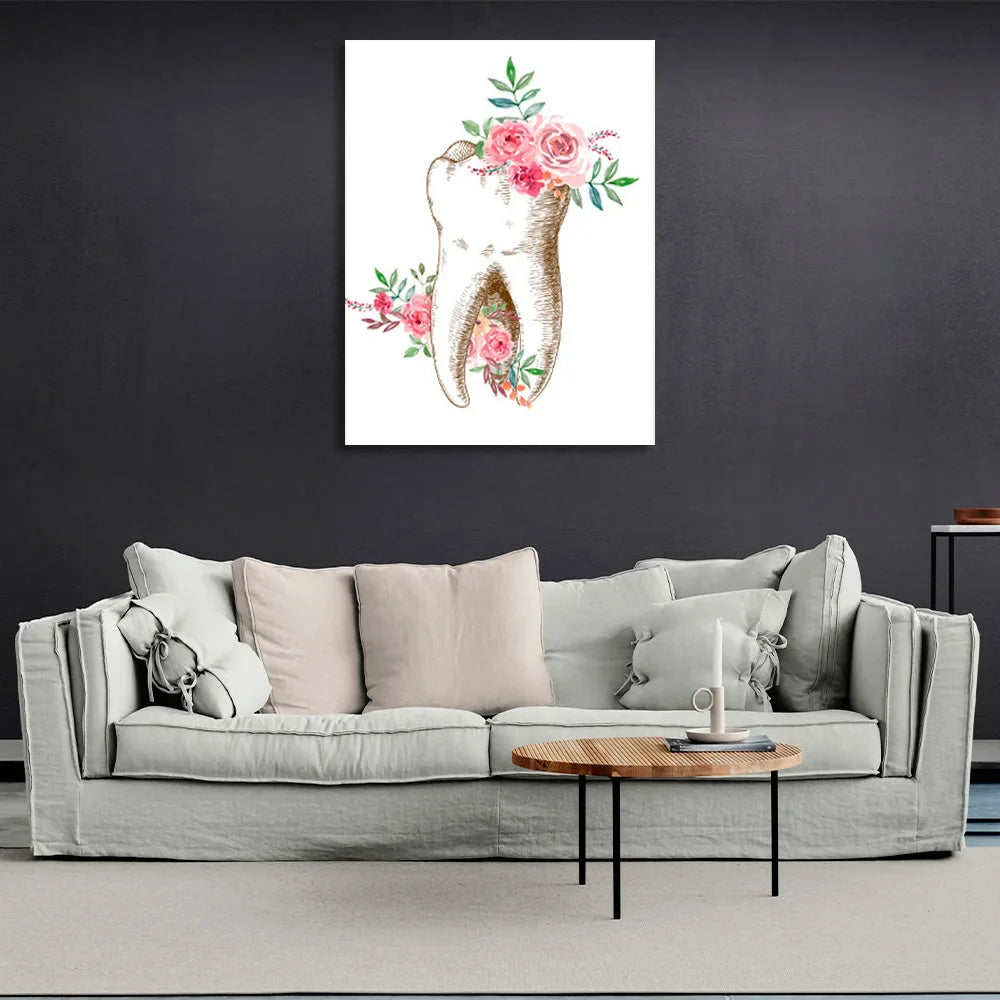Tooth with flowers on a white background Canvas Wall Art Print