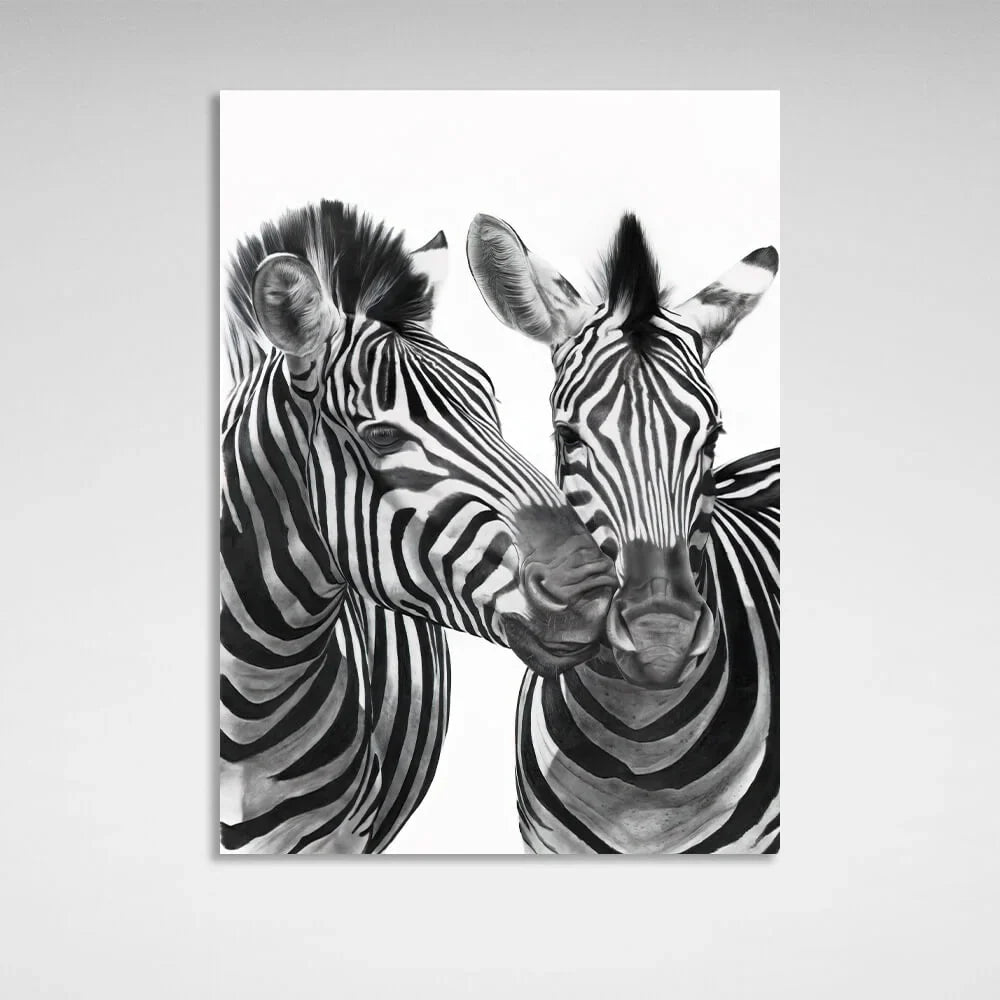 Two zebras black and white  Canvas Wall Art Print