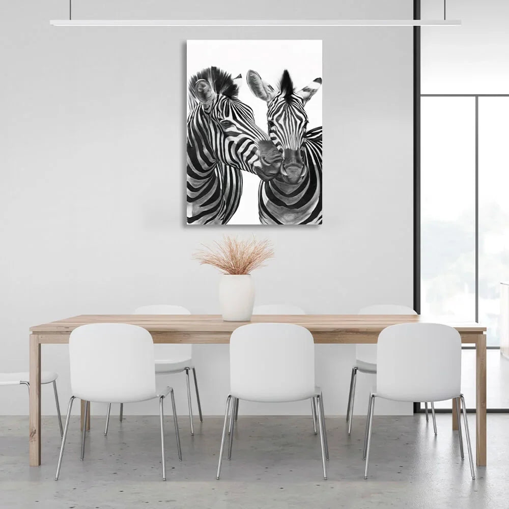Two zebras black and white  Canvas Wall Art Print