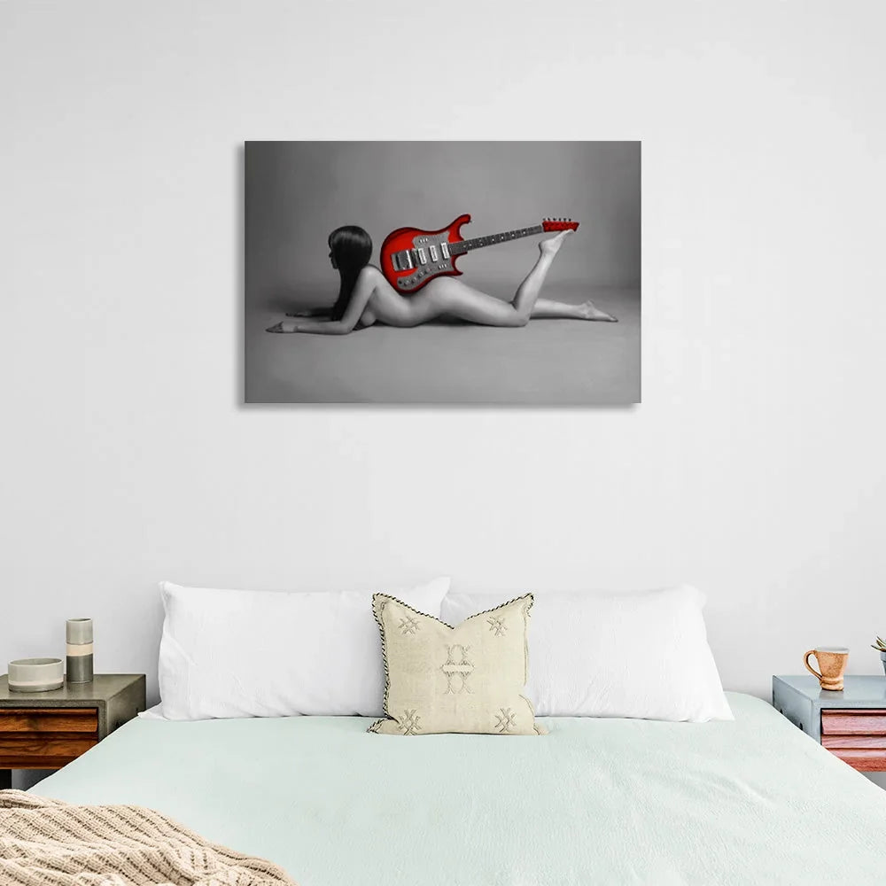 Woman with red guitar Canvas Wall Art Print
