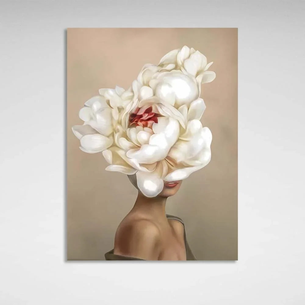 Girl with flowers on her head on beige background Canvas Wall Art Print