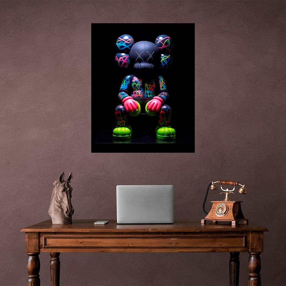 KAWS Neon Bearbrick Figure Canvas Wall Art - Bold Street Art Style Print for Modern Home Decor