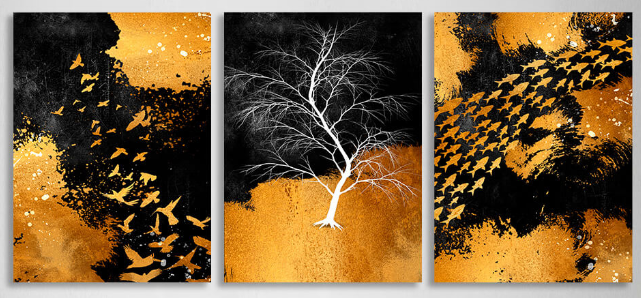 Modular abstraction in black gold and white colors Multi Panel Canvas Wall Art Print