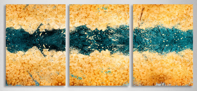 Modular gold abstract with dark green flowers Multi Panel Canvas Wall Art Print
