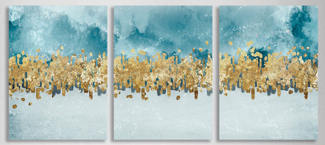 Modular blue-gray abstract with gold elements Multi Panel Canvas Wall Art Print