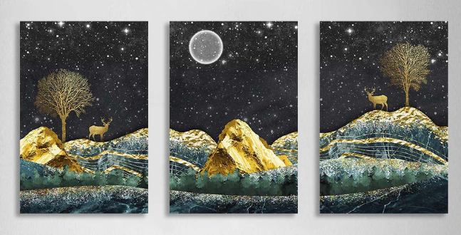 Multi Panel Canvas Wall Art Print Golden deer on the background of the starry sky